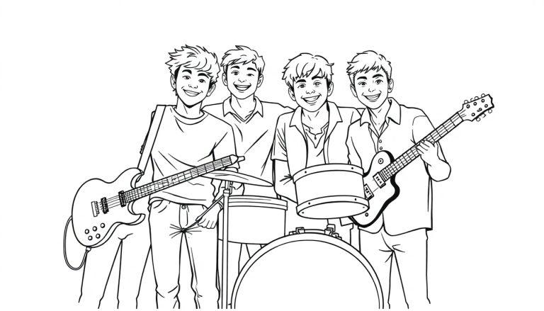 Kleurplaat van een vrolijke boyband met vier jonge muzikanten die lachen en samen met hun instrumenten poseren.