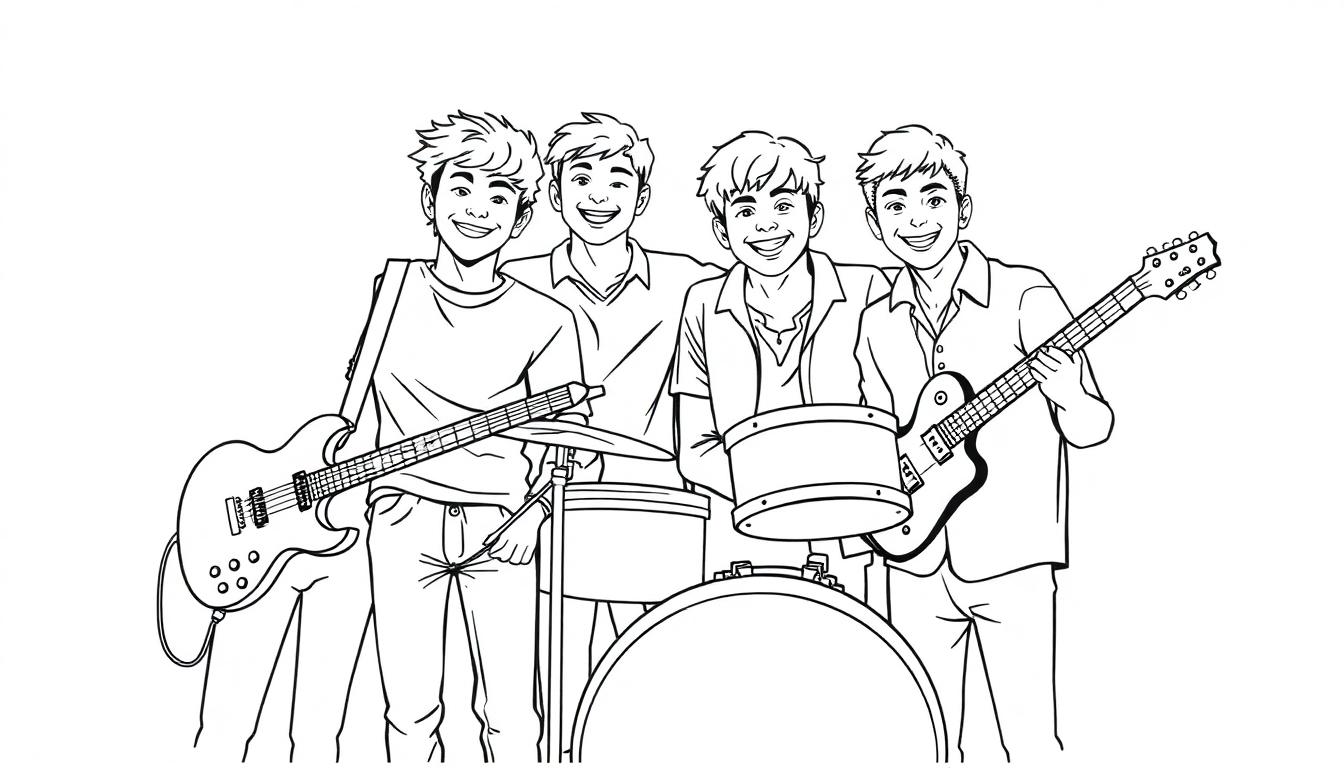 Kleurplaat van een vrolijke boyband met vier jonge muzikanten die lachen en samen met hun instrumenten poseren.