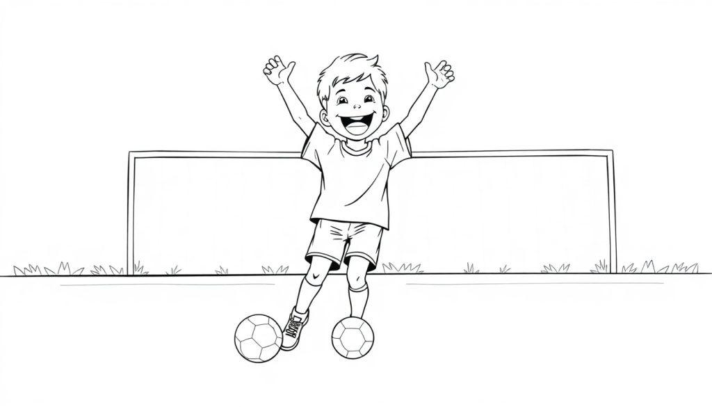 Kleurplaat van een blije jongen die juicht op een voetbalveld met twee ballen en een doel, omringd door gras.