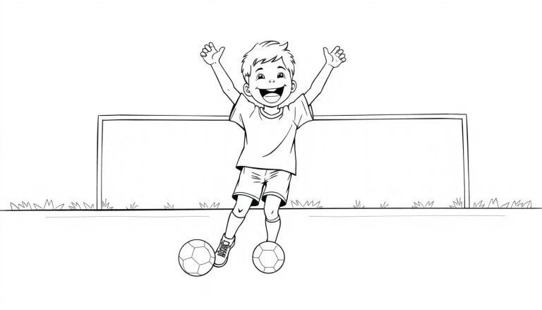 Kleurplaat van een blije jongen die juicht op een voetbalveld met twee ballen en een doel, omringd door gras.