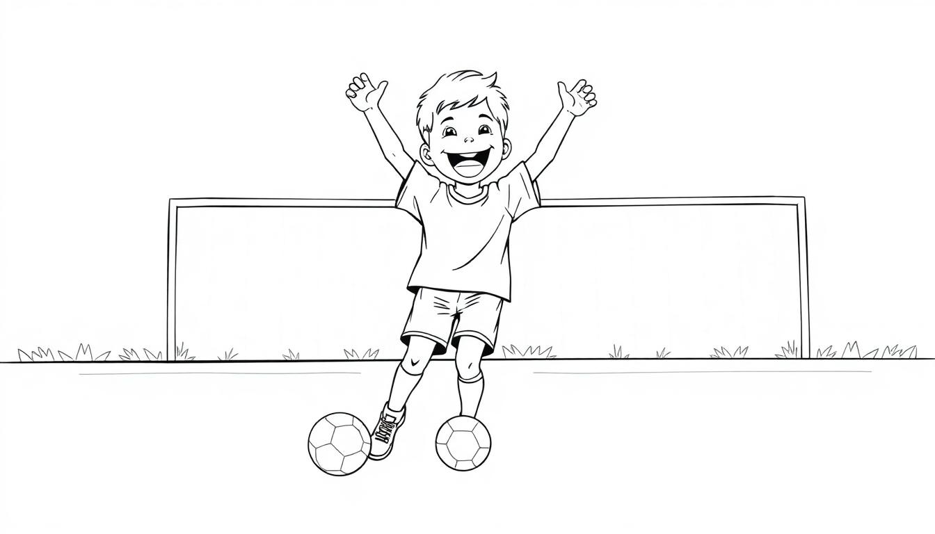 Kleurplaat van een blije jongen die juicht op een voetbalveld met twee ballen en een doel, omringd door gras.