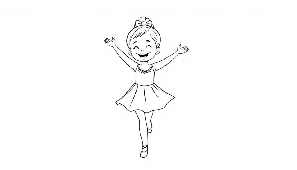 Kleurplaat van een blij, lachend meisje dat danst met haar armen wijd uitgestrekt, in een jurk en met haar haar in een knot.