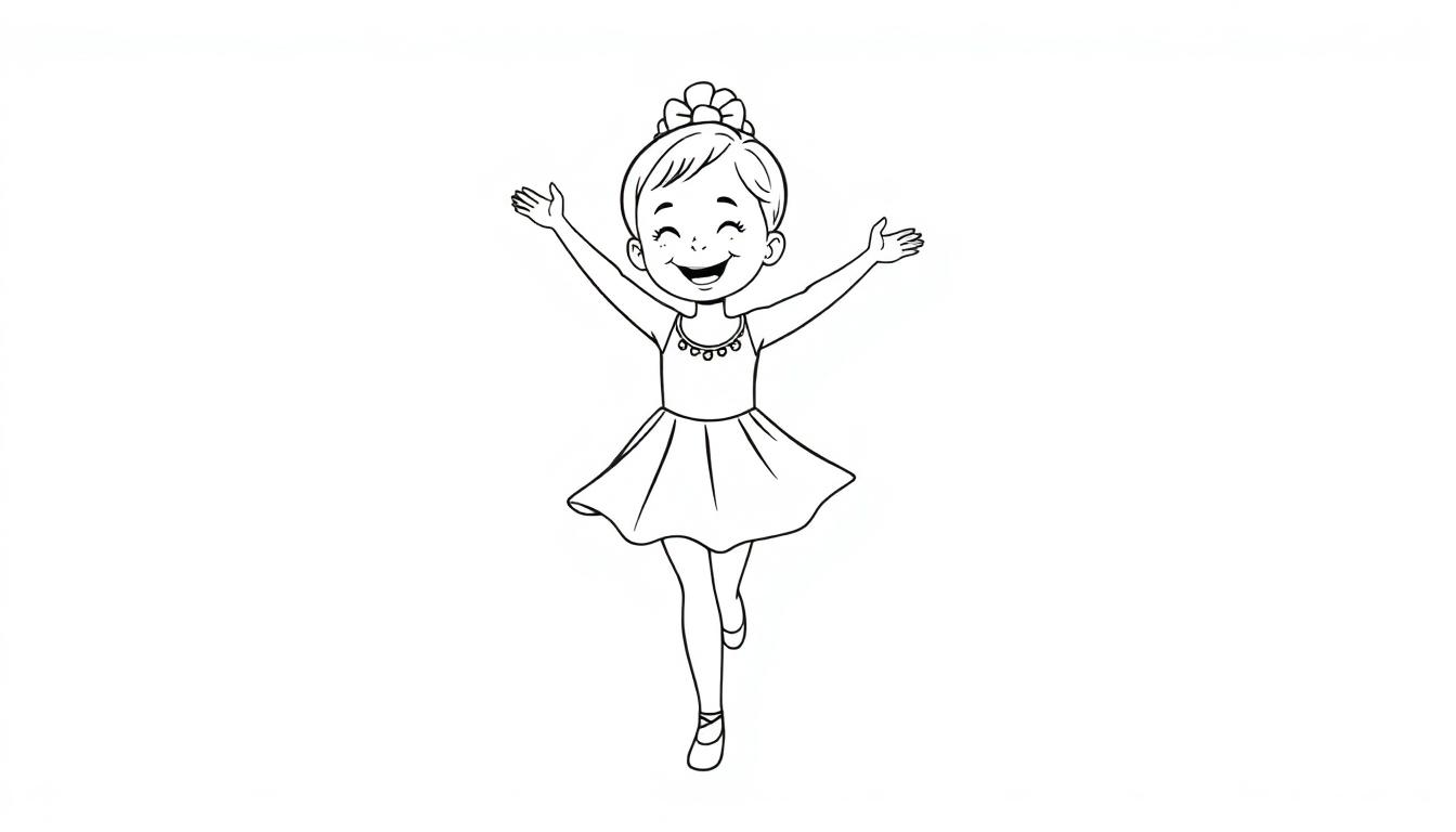 Kleurplaat van een blij, lachend meisje dat danst met haar armen wijd uitgestrekt, in een jurk en met haar haar in een knot.
