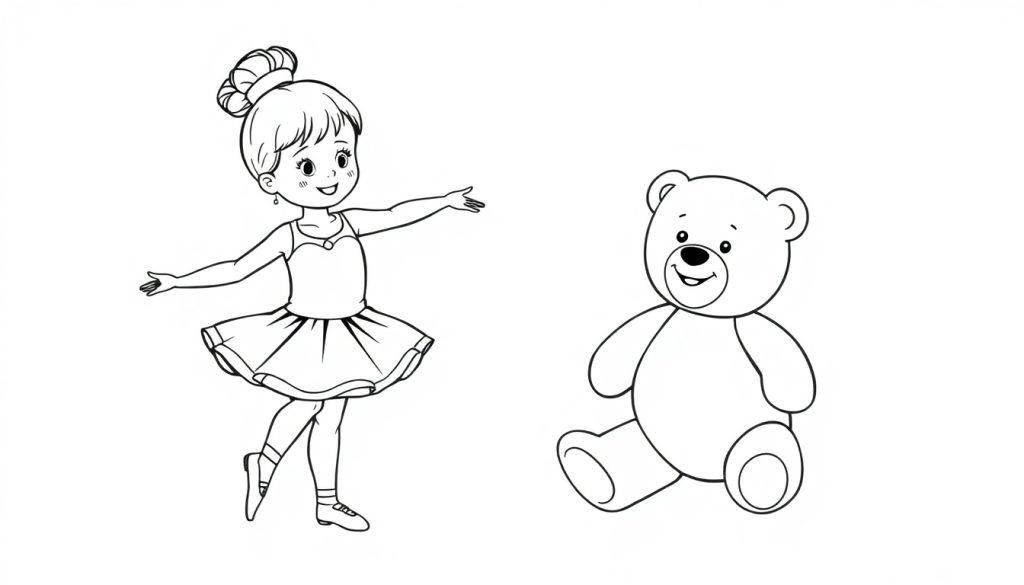 Kleurplaat van een ballerina meid en haar teddybeer, speels en vrolijk
