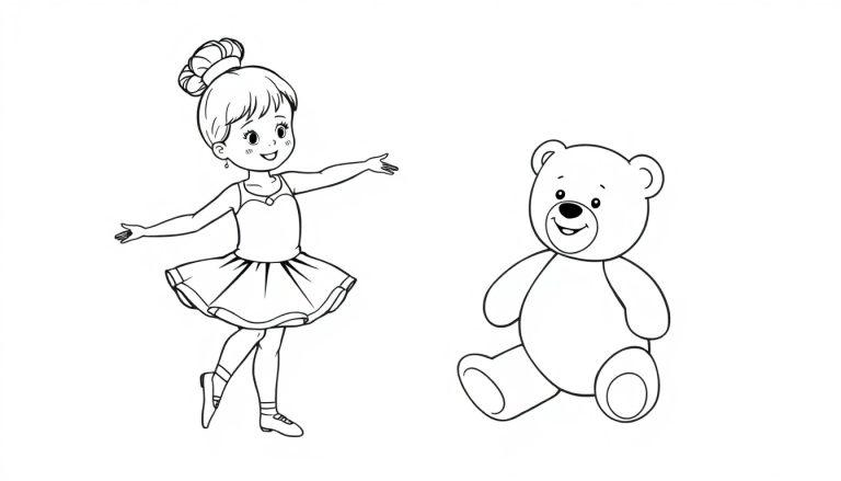 Kleurplaat van een ballerina meid en haar teddybeer, speels en vrolijk