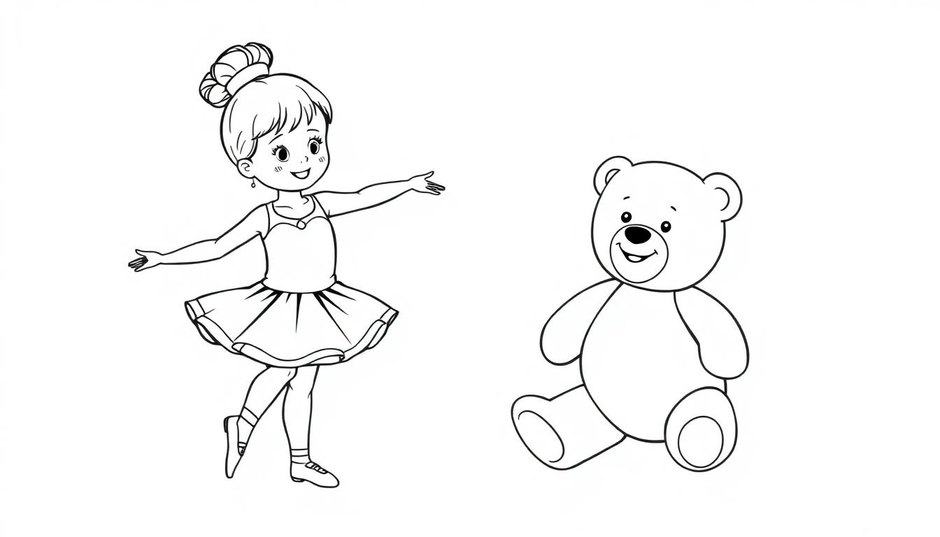 Kleurplaat van een ballerina meid en haar teddybeer, speels en vrolijk