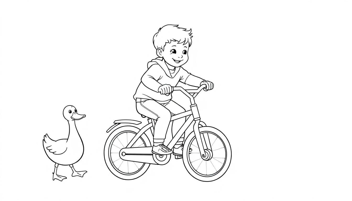 Kleurplaat van een vrolijk kind dat op een fiets rijdt, met een lachende eend naast zich, in zwart-wit lijntekening.