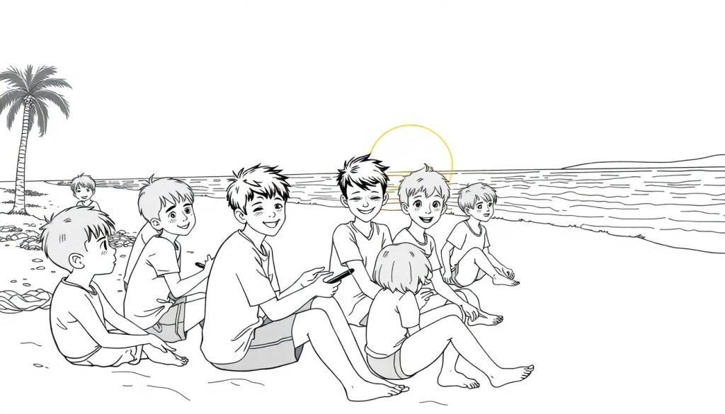 Kleurplaat van een groep kinderen die samen plezier maken op het strand tijdens zonsondergang, met een palmboom op de achtergrond