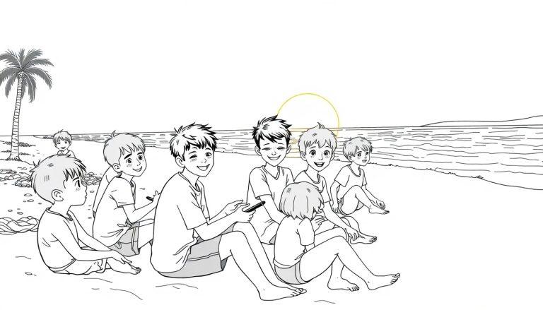 Kleurplaat van een groep kinderen die samen plezier maken op het strand tijdens zonsondergang, met een palmboom op de achtergrond