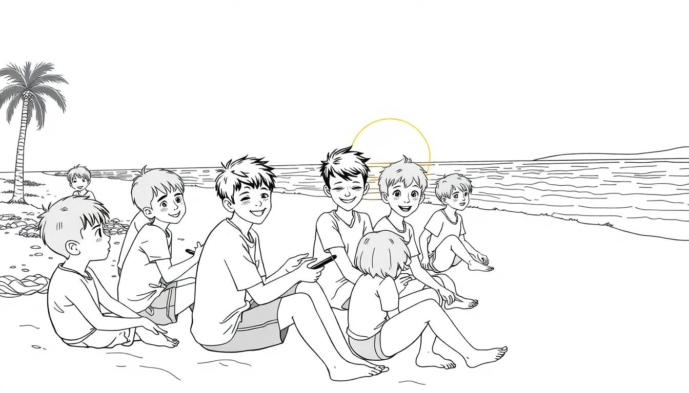 Kleurplaat van een groep kinderen die samen plezier maken op het strand tijdens zonsondergang, met een palmboom op de achtergrond
