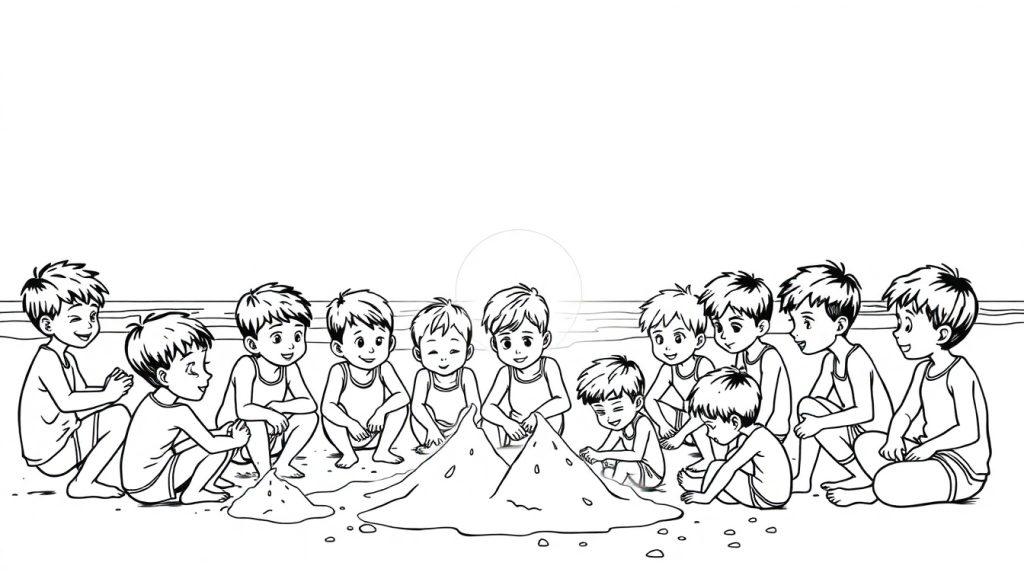 Kleurplaat van vrolijke kinderen die samen op het strand spelen, zandheuvels bouwen, met de zon ondergang op de achtergrond.