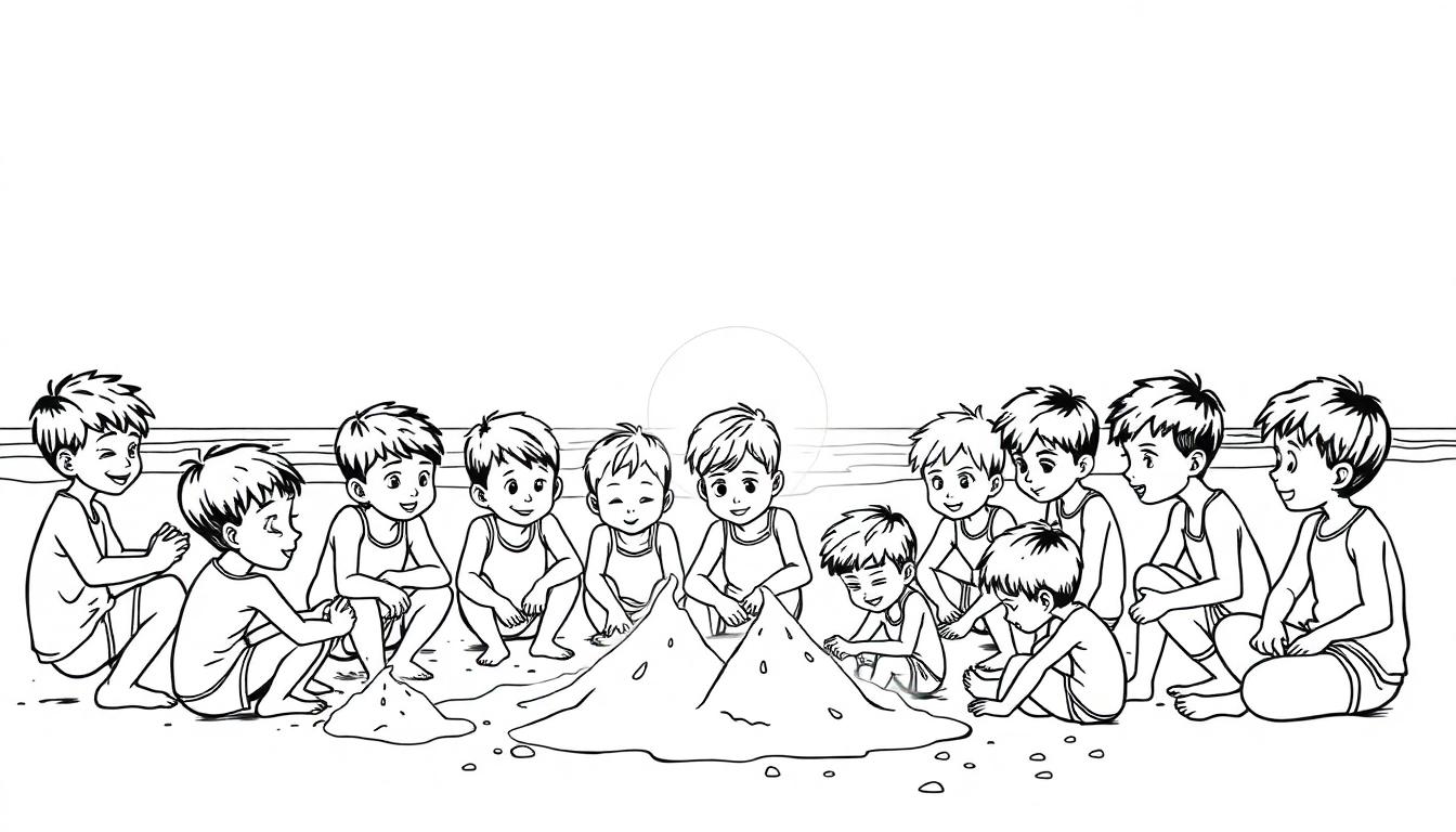 Kleurplaat van vrolijke kinderen die samen op het strand spelen, zandheuvels bouwen, met de zon ondergang op de achtergrond.