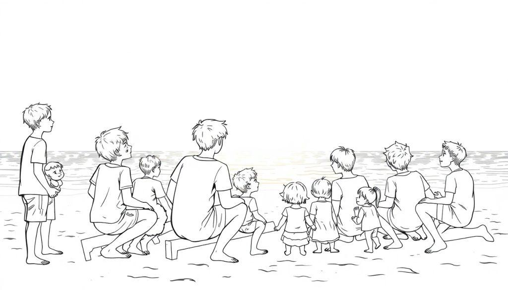 Kleurplaat van een grote familie met kinderen en baby op het strand bij zonsondergang, allemaal lachen en genieten van de zon en de zee.