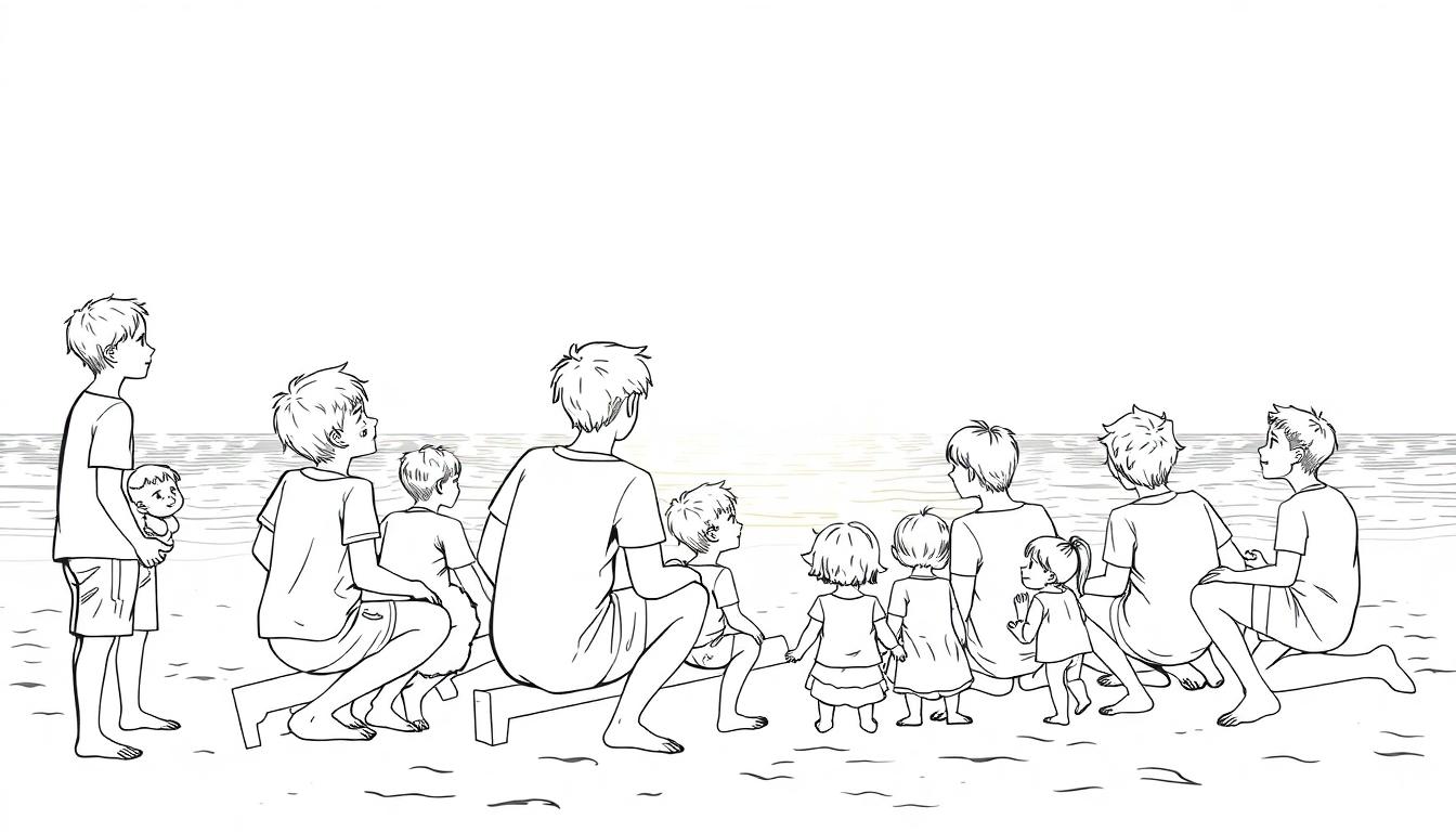 Kleurplaat van een grote familie met kinderen en baby op het strand bij zonsondergang, allemaal lachen en genieten van de zon en de zee.