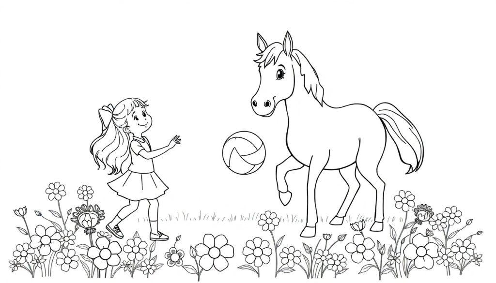 Kleurenplaat van een blij meisje met paardenstaart die speelt met een paard tussen bloemen