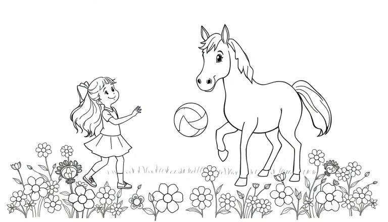 Kleurenplaat van een blij meisje met paardenstaart die speelt met een paard tussen bloemen