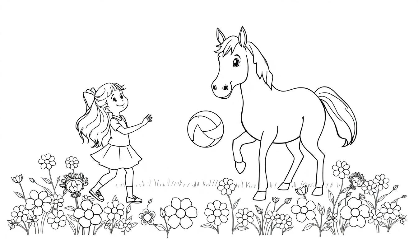 Kleurenplaat van een blij meisje met paardenstaart die speelt met een paard tussen bloemen