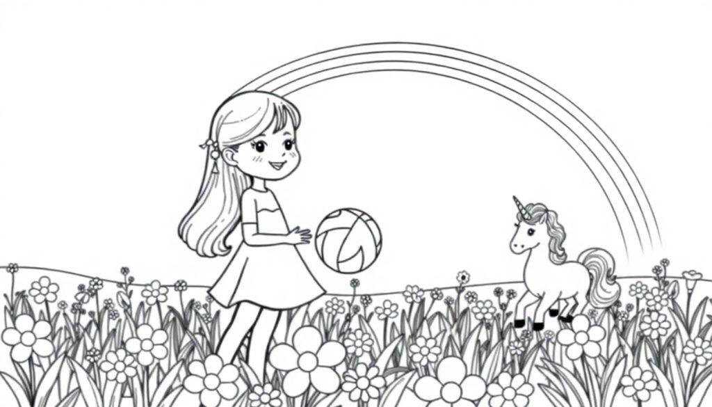 Kleurplaat met een meisje, een unicorn, een regenboog en bloemen