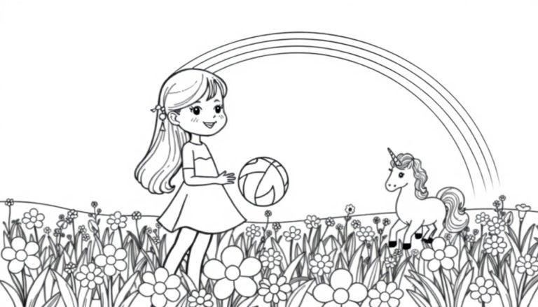 Kleurplaat met een meisje, een unicorn, een regenboog en bloemen