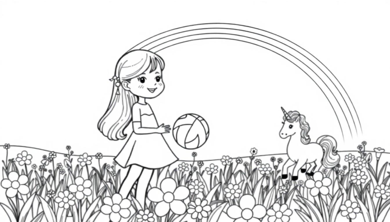 Kleurplaat met een meisje, een unicorn, een regenboog en bloemen