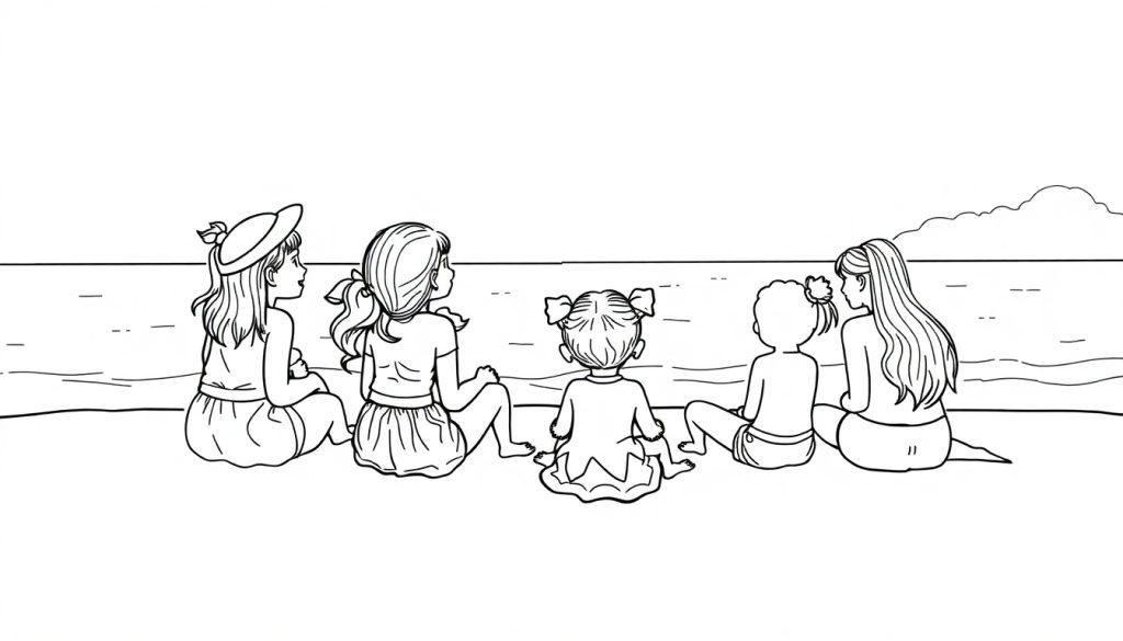 Kleurplaat van vijf kinderen die naast elkaar op het strand zitten en naar de zee kijken, met een zonsondergang en wolken op de achtergrond.
