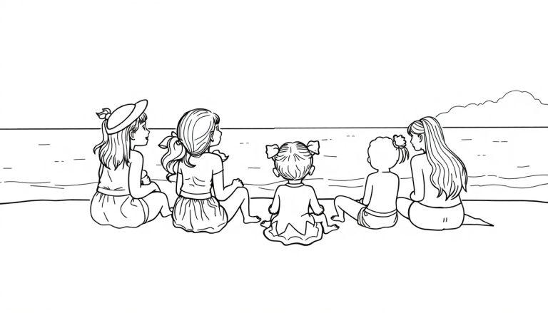 Kleurplaat van vijf kinderen die naast elkaar op het strand zitten en naar de zee kijken, met een zonsondergang en wolken op de achtergrond.