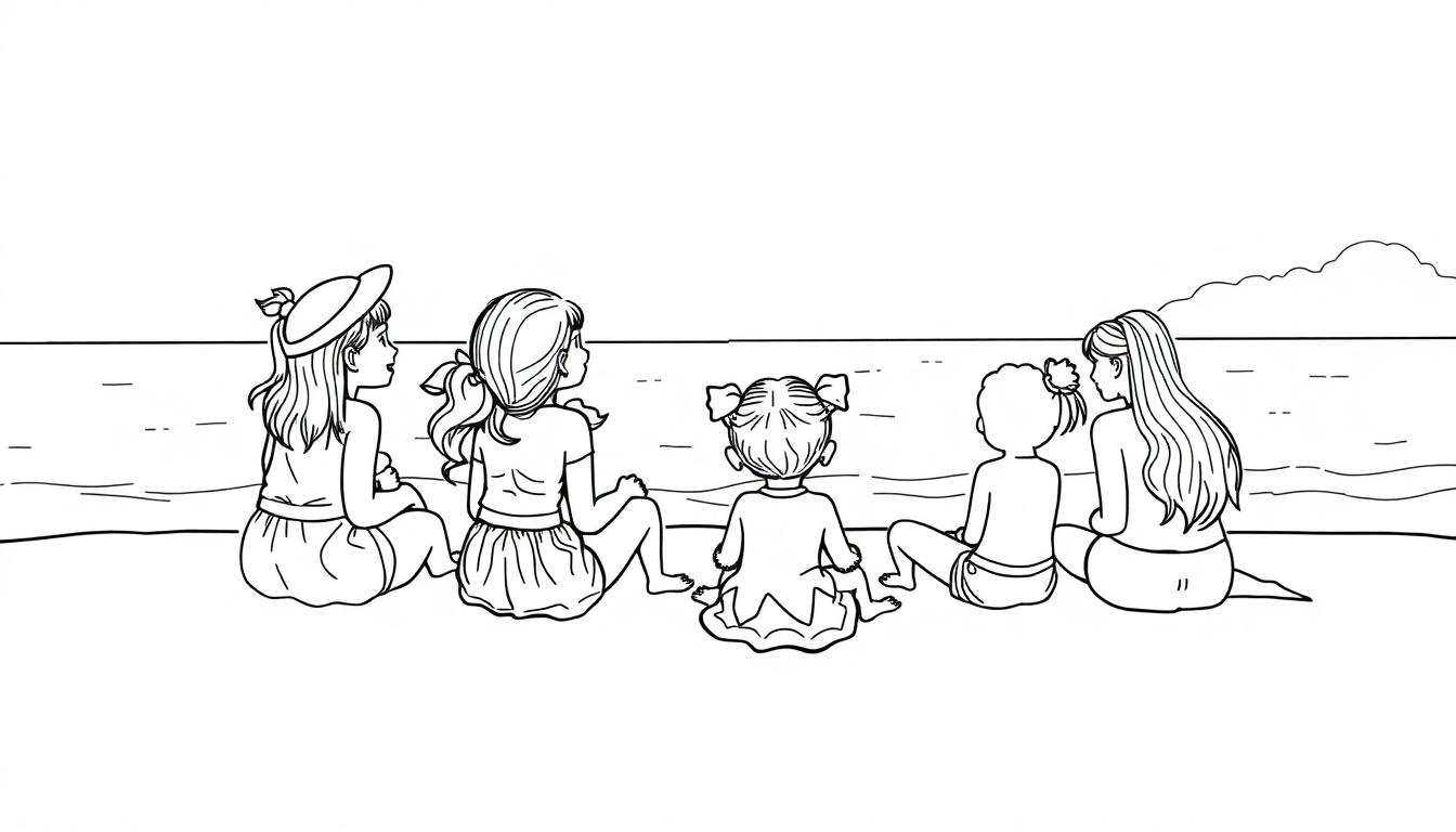 Kleurplaat van vijf kinderen die naast elkaar op het strand zitten en naar de zee kijken, met een zonsondergang en wolken op de achtergrond.