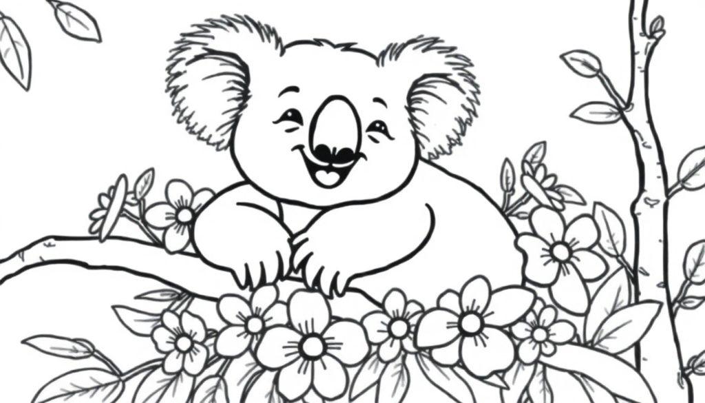 Kleurplaat van een vrolijke zwarte-wit koala op een tak met bloemen en bladeren