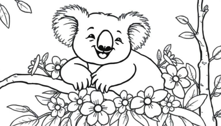 Kleurplaat van een vrolijke zwarte-wit koala op een tak met bloemen en bladeren