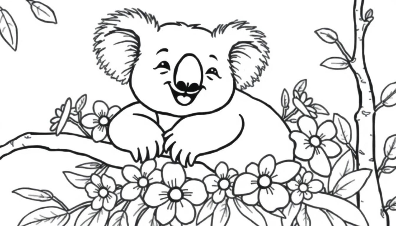 Kleurplaat van een vrolijke zwarte-wit koala op een tak met bloemen en bladeren