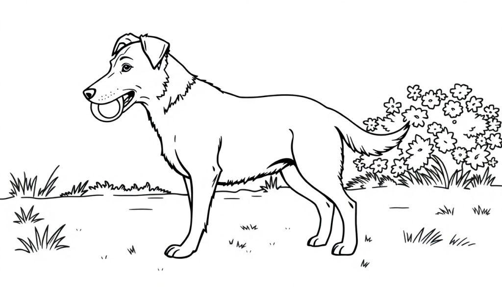 Kleurplaat van een vrolijke herdershond met tennisbal in de bek, in een tuin met bloemen en gras.