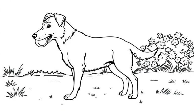 Kleurplaat van een vrolijke herdershond met tennisbal in de bek, in een tuin met bloemen en gras.