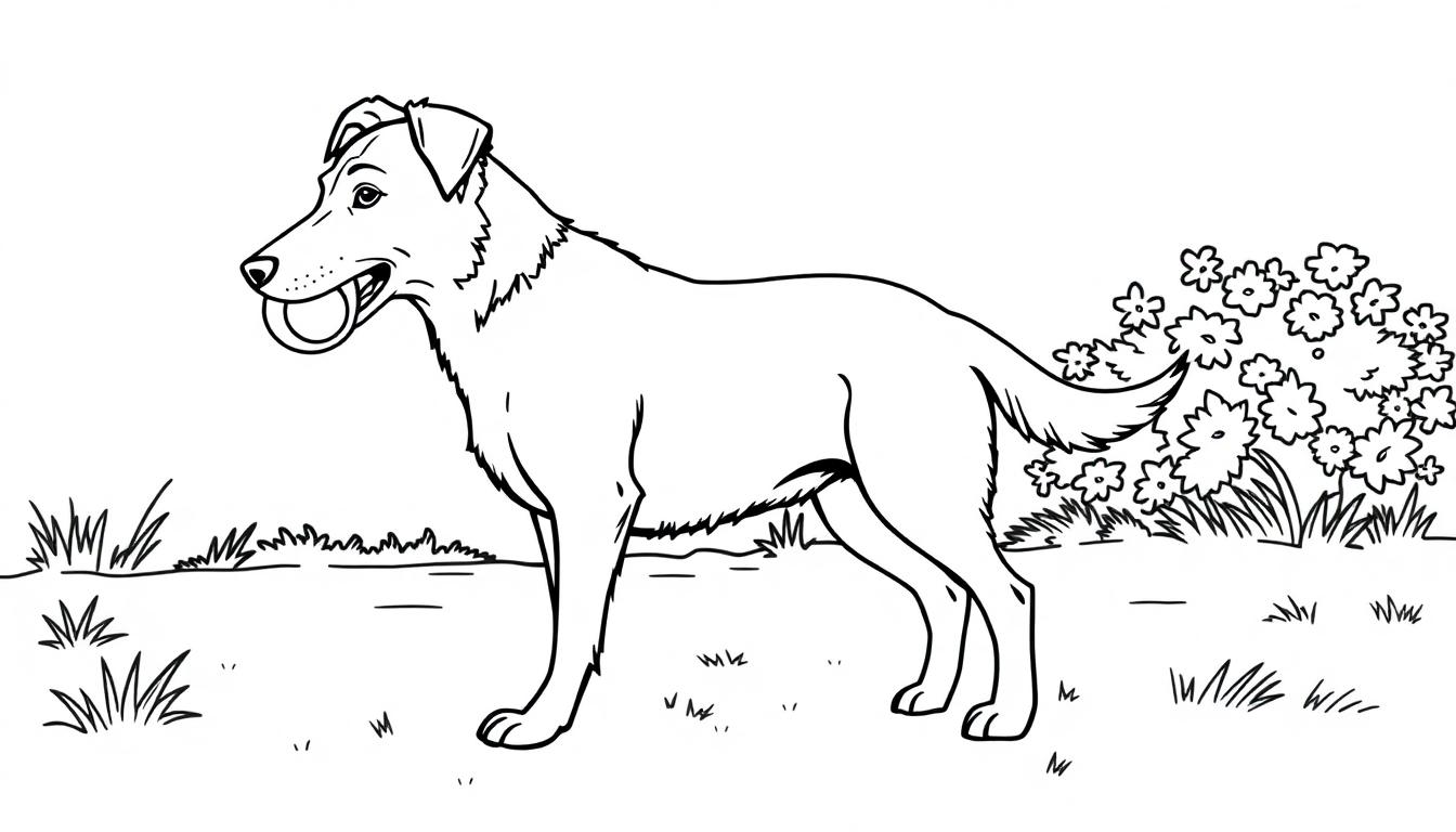 Kleurplaat van een vrolijke herdershond met tennisbal in de bek, in een tuin met bloemen en gras.