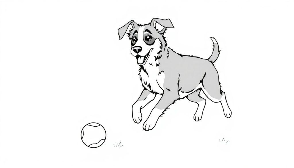 Kleurenplaat van een blije herdershond die achter een tennisbal aankomt, getekend in zwart-wit.