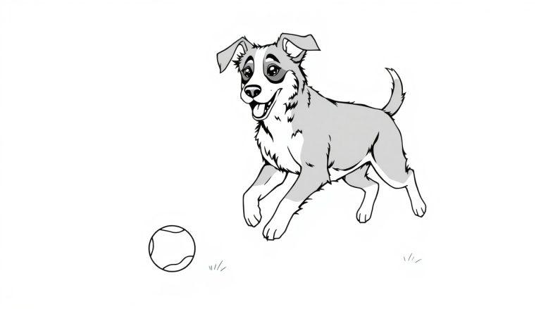 Kleurenplaat van een blije herdershond die achter een tennisbal aankomt, getekend in zwart-wit.