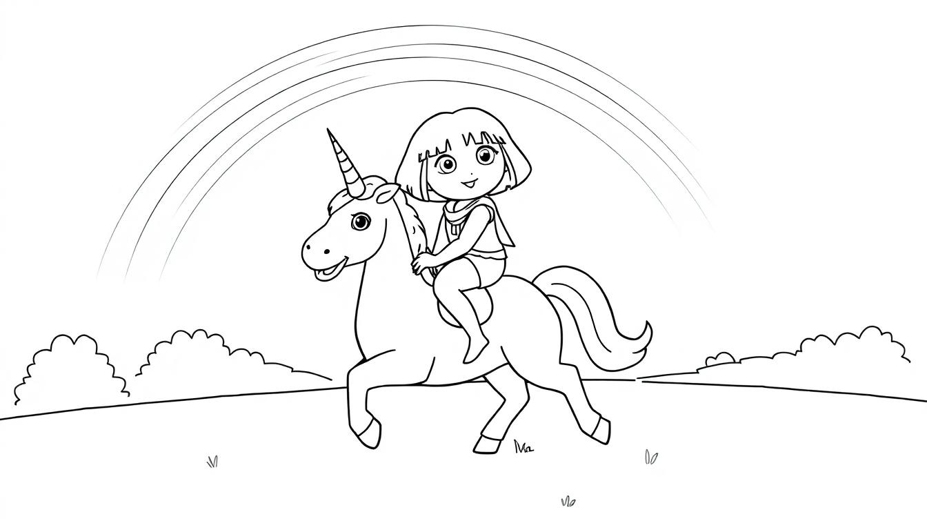 Kleurplaat van een kind dat vrolijk op een eenhoorn rijdt met een regenboog en landschap op de achtergrond.