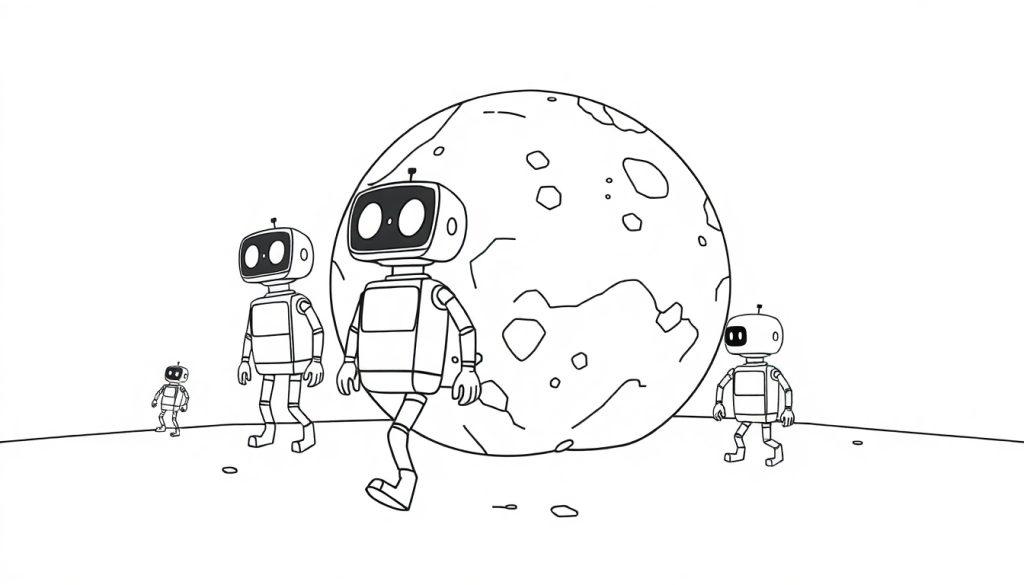 Een kleurplaat van vier robots die over een buitenaards landschap lopen met een grote planeet op de achtergrond.