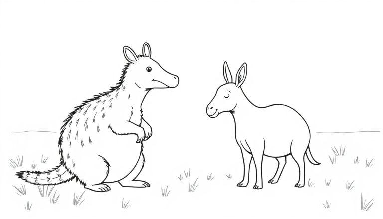 Kleurplaat van twee dieren in een grasveld, één fantasiefiguur met korte armen en lange staart, en een ezel met gesloten ogen, glimlachend.