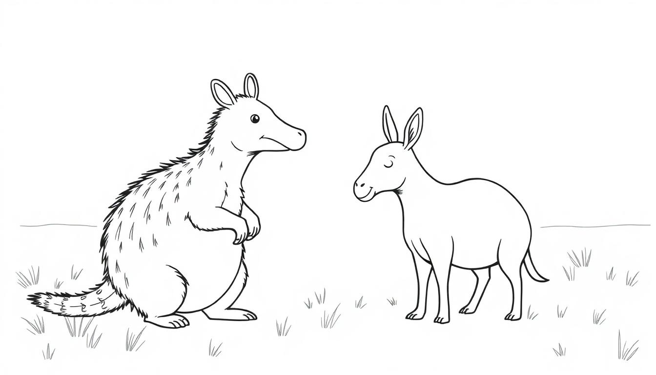 Kleurplaat van twee dieren in een grasveld, één fantasiefiguur met korte armen en lange staart, en een ezel met gesloten ogen, glimlachend.