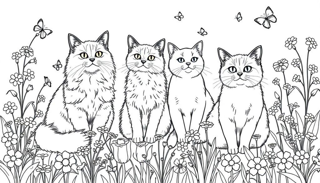 Kleurplaat van vier katten in een bloemenveld met vlinders, allemaal zwart-wit getekend voor kinderen om in te kleuren.
