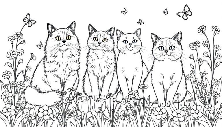 Kleurplaat van vier katten in een bloemenveld met vlinders, allemaal zwart-wit getekend voor kinderen om in te kleuren.