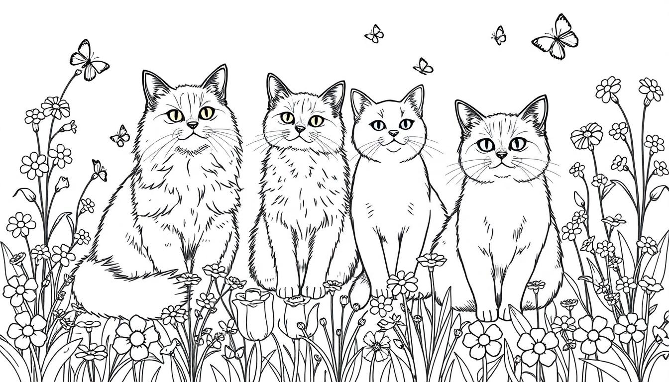 Kleurplaat van vier katten in een bloemenveld met vlinders, allemaal zwart-wit getekend voor kinderen om in te kleuren.