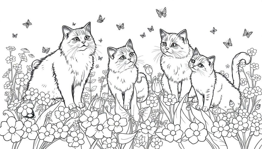 Kleurplaat met vier katten in een tuin vol bloemen, vlinders en planten.