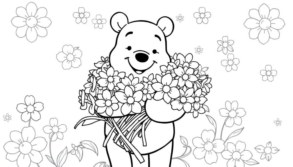 Een vrolijke beer met bloemen, klaar om ingekleurd te worden op een kleurplaat.