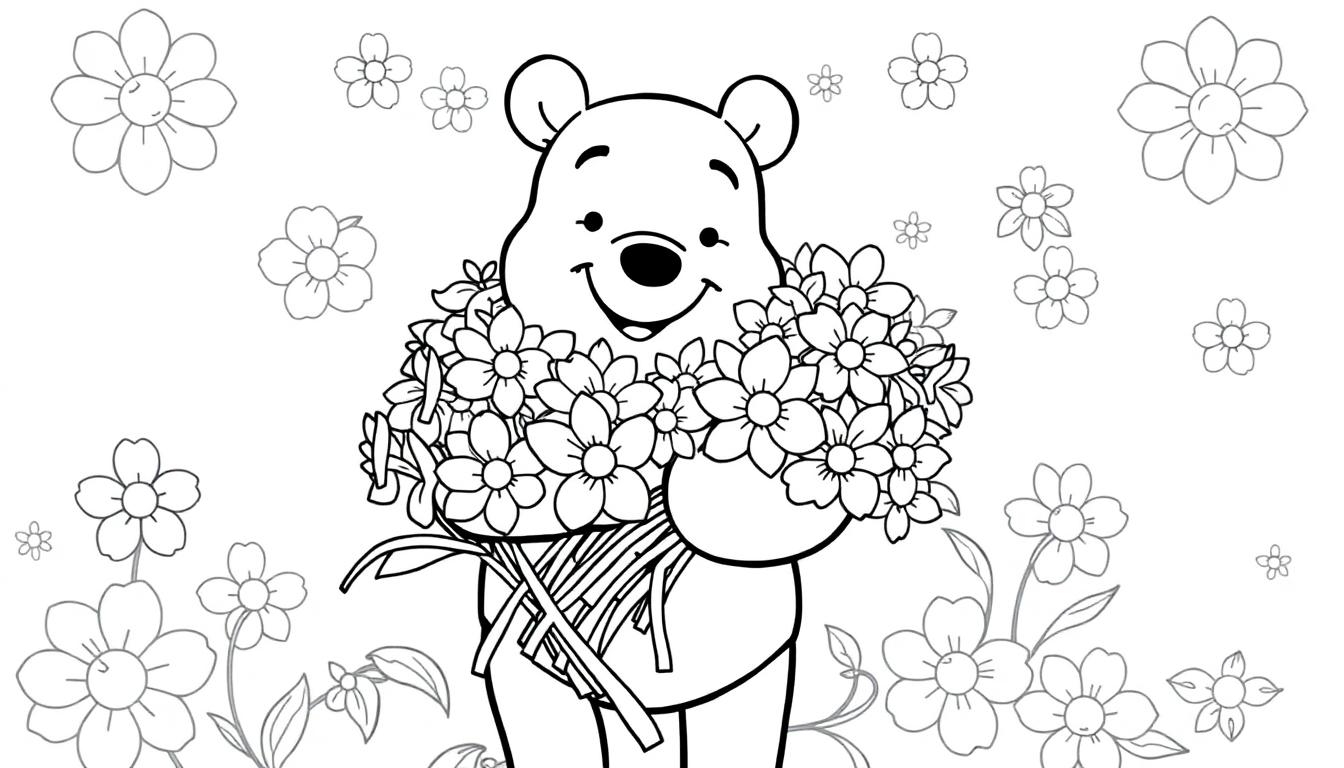 Een vrolijke beer met bloemen, klaar om ingekleurd te worden op een kleurplaat.