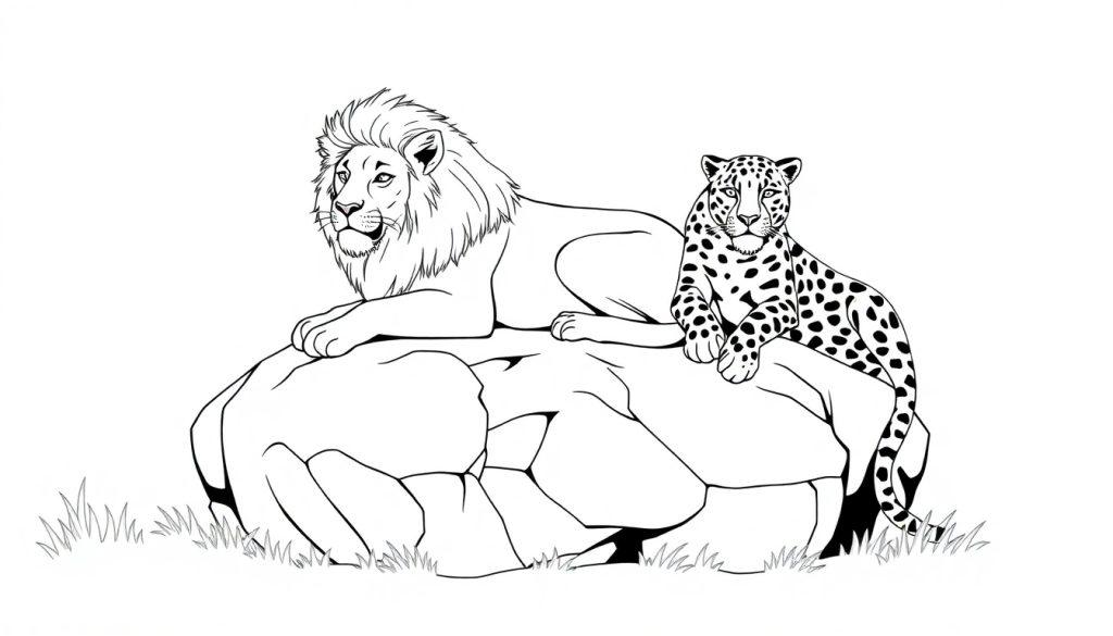 Kleurplaat van een leeuw en een jaguar die samen op een grote rots liggen, omringd door gras.