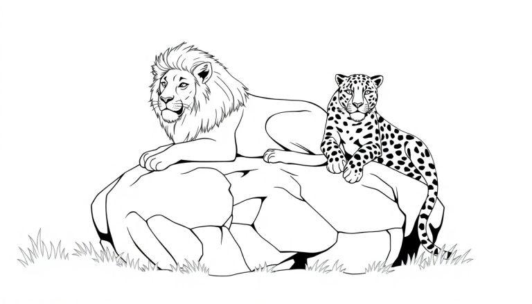 Kleurplaat van een leeuw en een jaguar die samen op een grote rots liggen, omringd door gras.