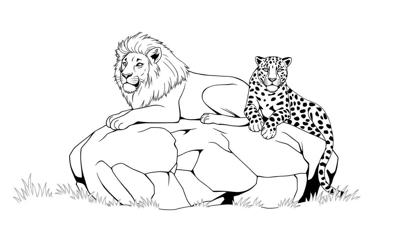 Kleurplaat van een leeuw en een jaguar die samen op een grote rots liggen, omringd door gras.