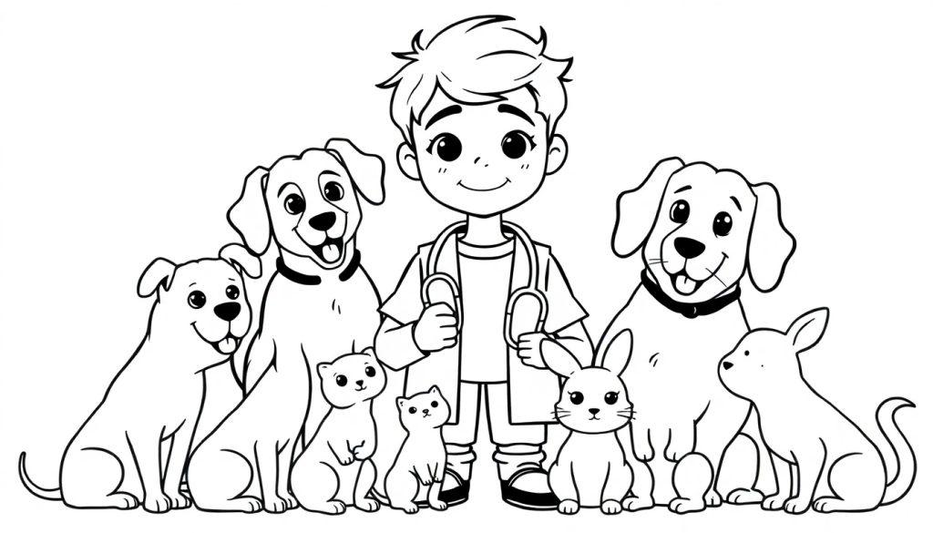 Kleurplaat van een kind met dieren, klaar om dierenarts te worden, omringd door honden, katten, een konijn en een knaagdier.