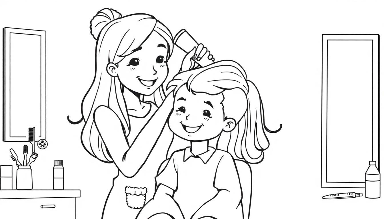 Kleurplaat van een vrolijk kappersmoment met een volwassene die het haar van een kind kamt, met haarverzorgingsproducten en een spiegel.